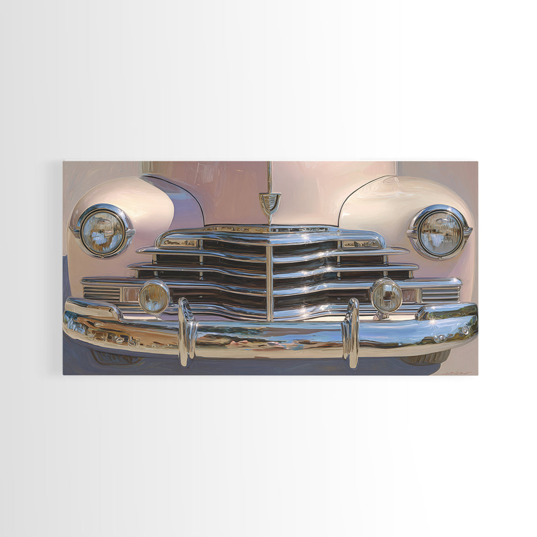 Classic Car Front Grill Closeup Framed Canvas Print, Basement Art, Statement Artwork, Living Room Decor, Fine Art, Retreat, BAS-2x1-18
