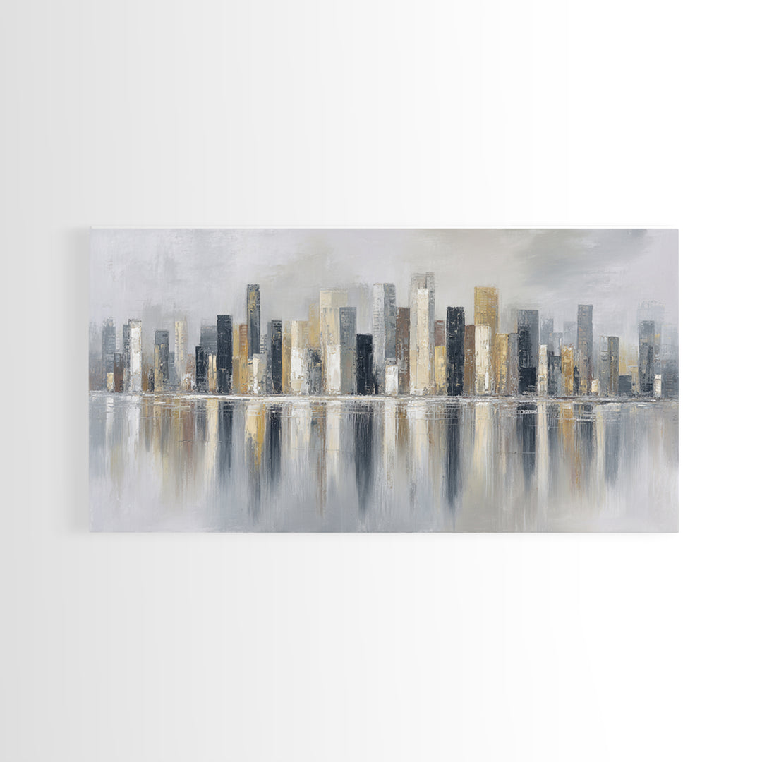 Dark Abstract City Skyline Framed Canvas Print, Basement Art, Western Decor, Living Room Decor, Retreat, Rustic Wall Art, BAS-2x1-3