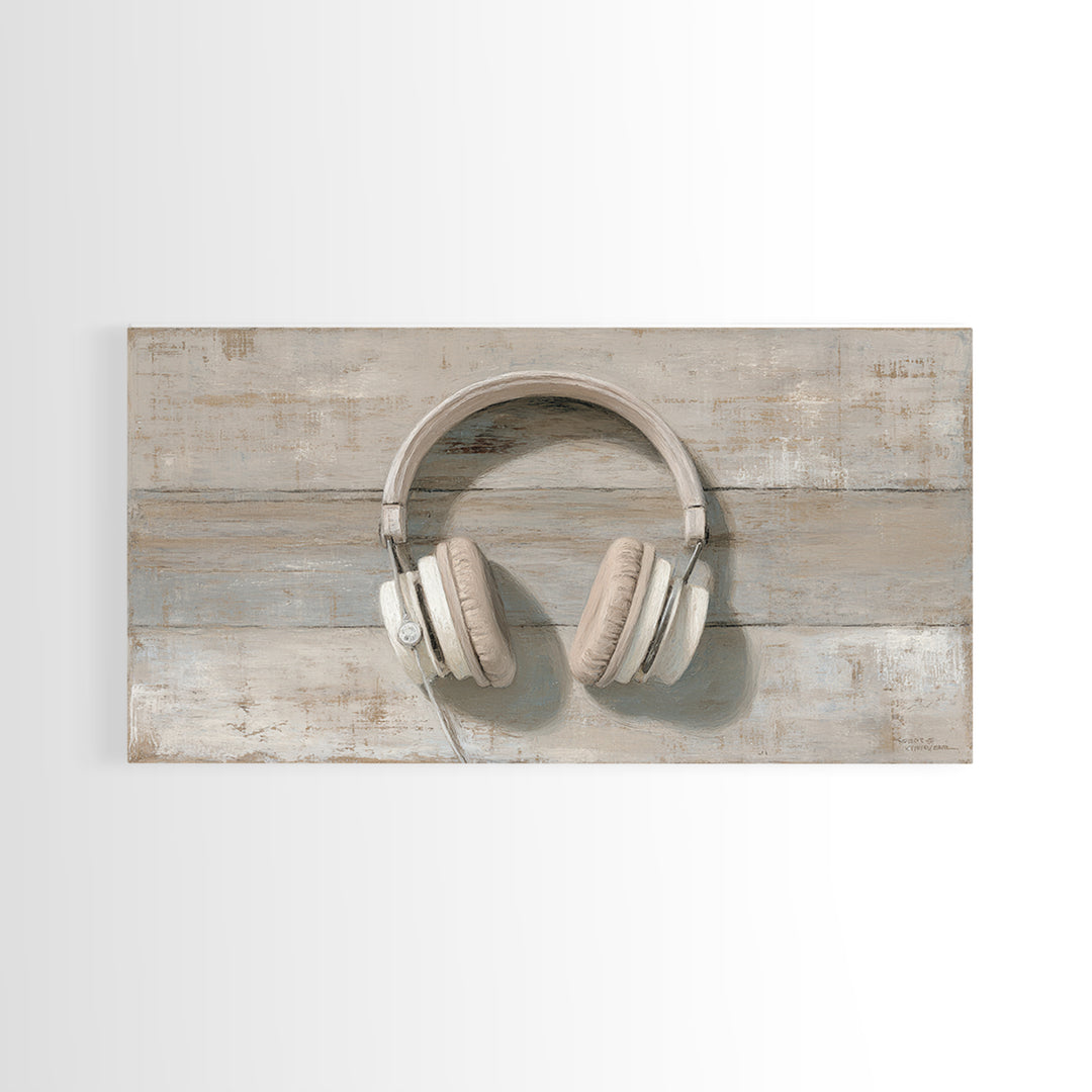 Vinyl Record and Headphones on Worn Wood Canvas Print, Basement Art, Classroom Decor, Living Room Decor, Oil Painting, Retreat, BAS-2x1-53