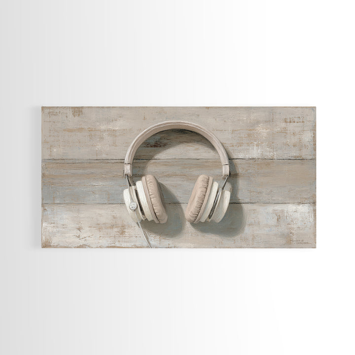 Vinyl Record and Headphones on Worn Wood Canvas Print, Basement Art, Classroom Decor, Living Room Decor, Oil Painting, Retreat, BAS-2x1-53