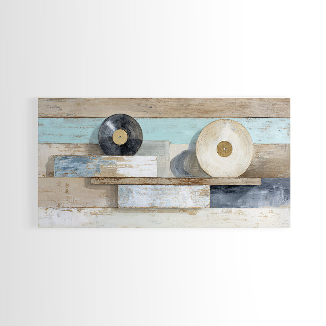 Vinyl Record and Headphones on Worn Wood Canvas Print, Basement Art, Classroom Decor, Living Room Decor, Oil Painting, Retreat, BAS-2x1-77