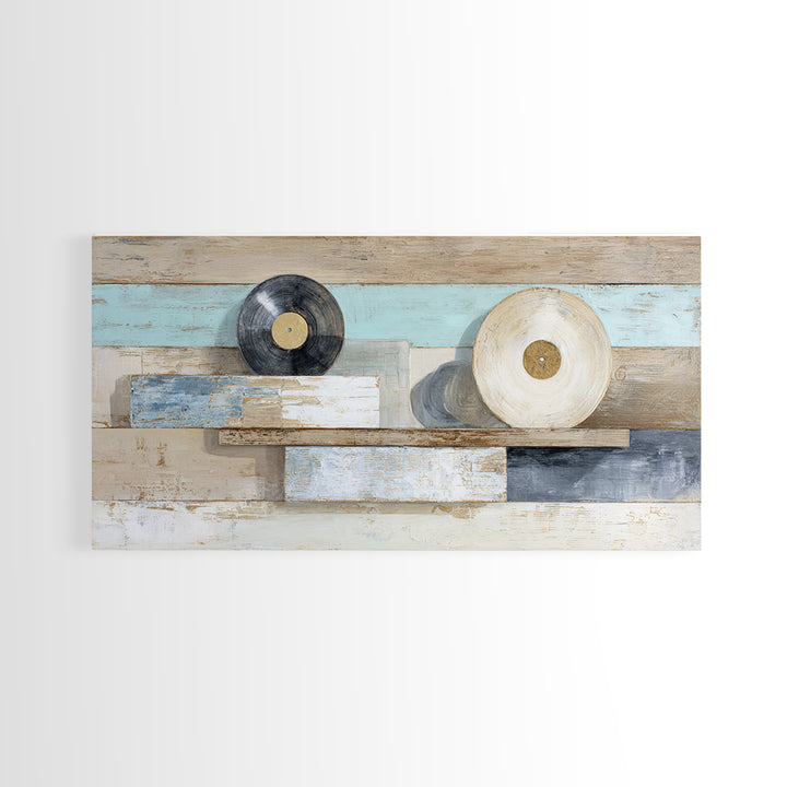 Vinyl Record and Headphones on Worn Wood Canvas Print, Basement Art, Classroom Decor, Living Room Decor, Oil Painting, Retreat, BAS-2x1-77