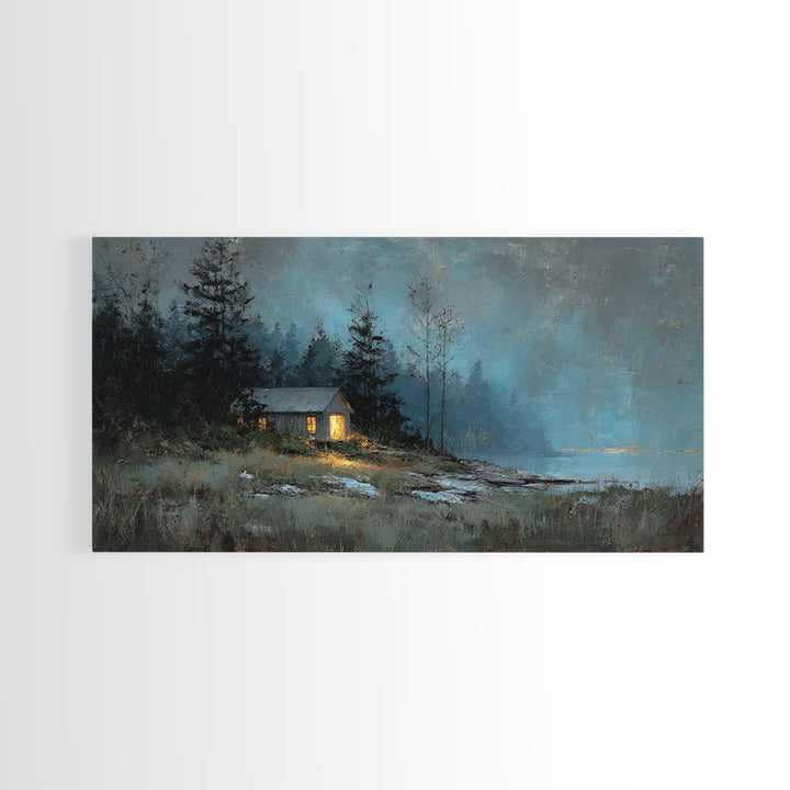 Forest Cabin Night Scene Framed Canvas Print, Basement Art, Contemporary Art, Living Room Decor, Oil Painting, Retreat, BAS-2x1-83
