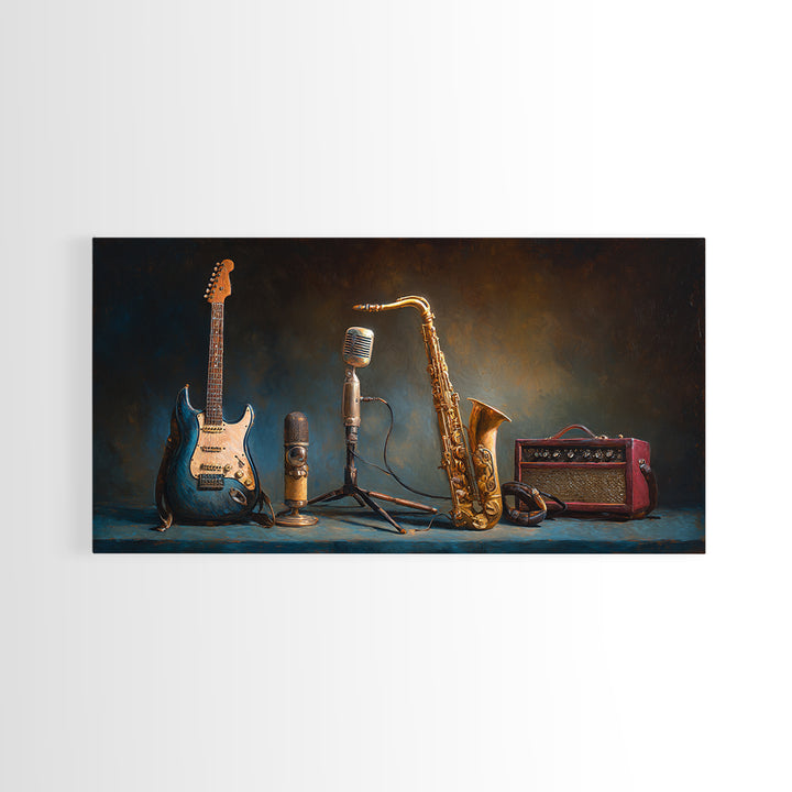 Classic Rock Guitar Still Life Framed Canvas Print, Basement Art, Digital Art Prints, Living Room Decor, Fine Art, Retreat, BAS-2x1-97