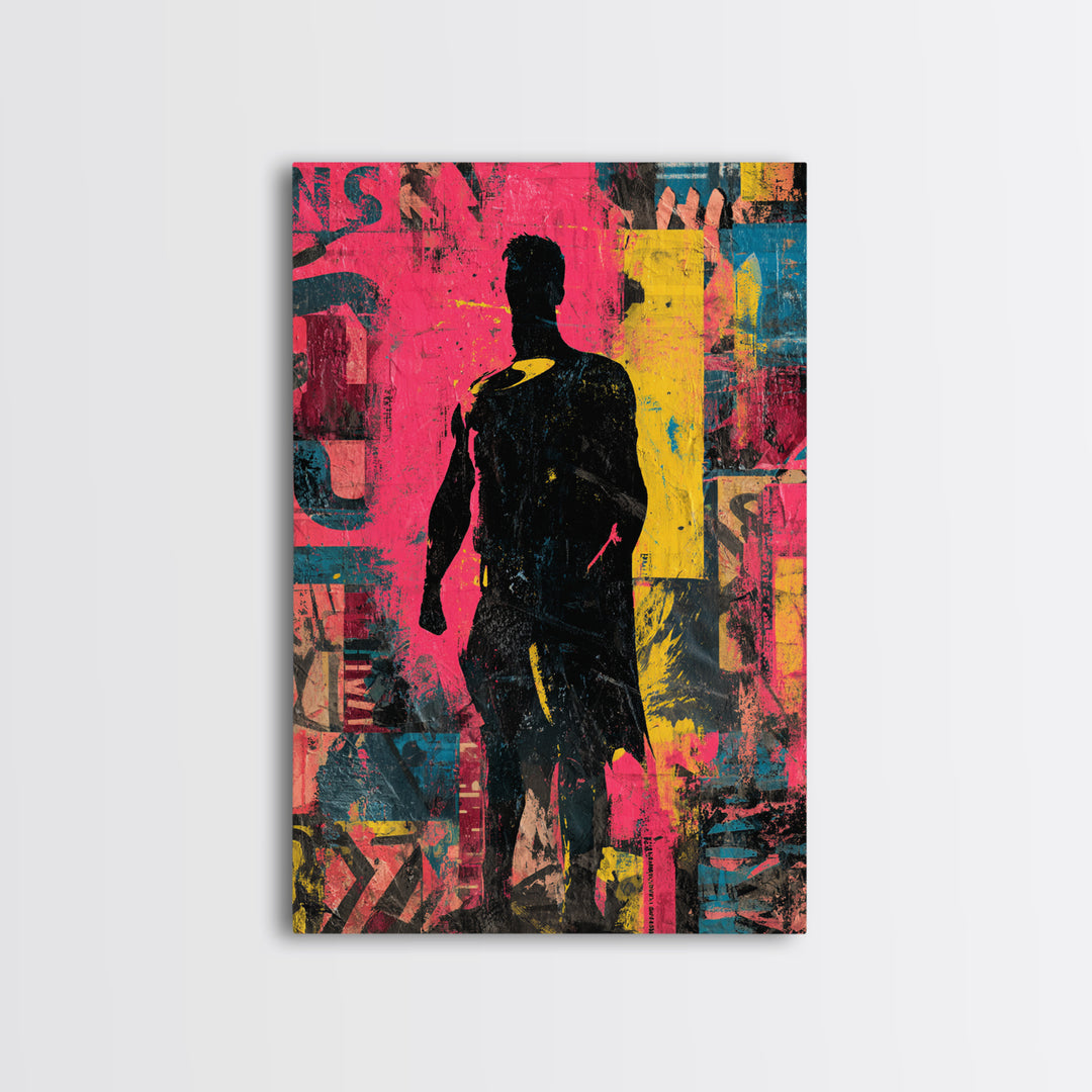 Comic Book Hero Silhouette Framed Canvas Print, Basement Art, Neutral Decor, Living Room Decor, Fine Art, Retreat, Wall Art, BAS-2x3-19