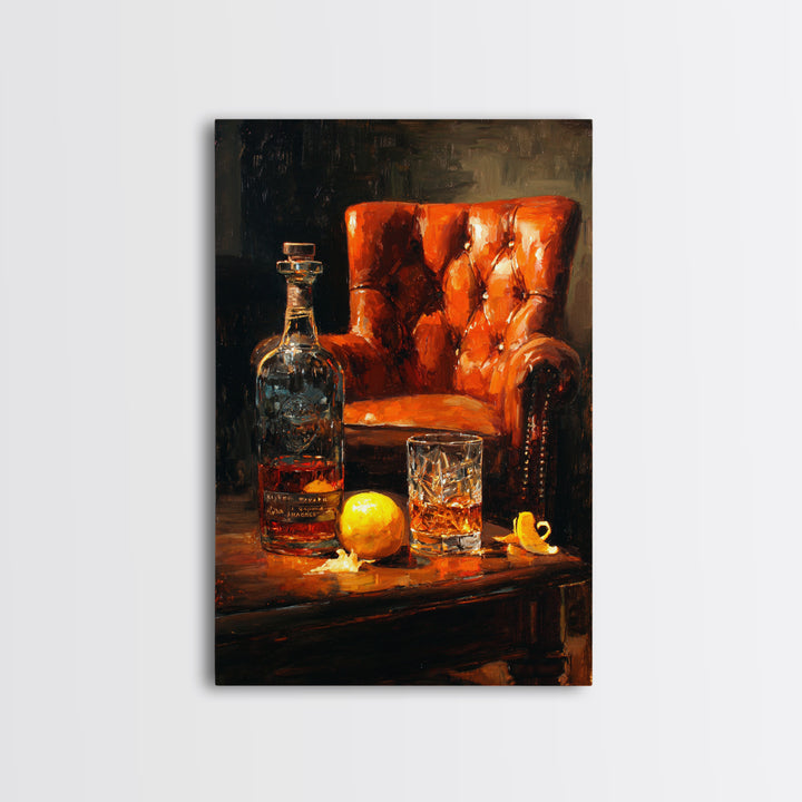 Whiskey Barrel and Leather Chair Mood Painting Canvas Print, Basement Art, Home Decor, Living Room Decor, Oil Painting, Retreat, BAS-2x3-66