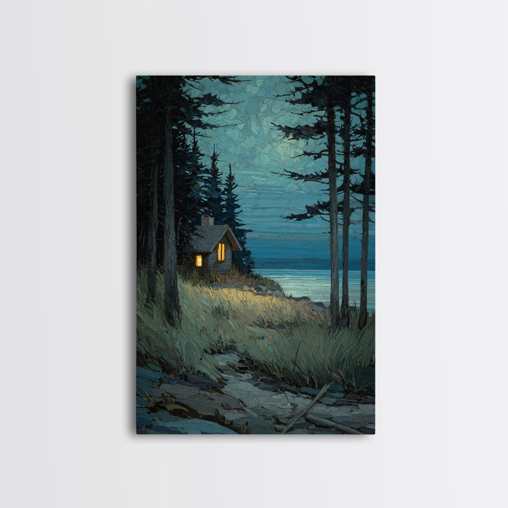 Forest Cabin Night Scene Canvas Print, Basement Art, Oil Painting, Living Room Decor, Retreat, Man Cave Decor, Bar Wall Art, BAS-2x3-71