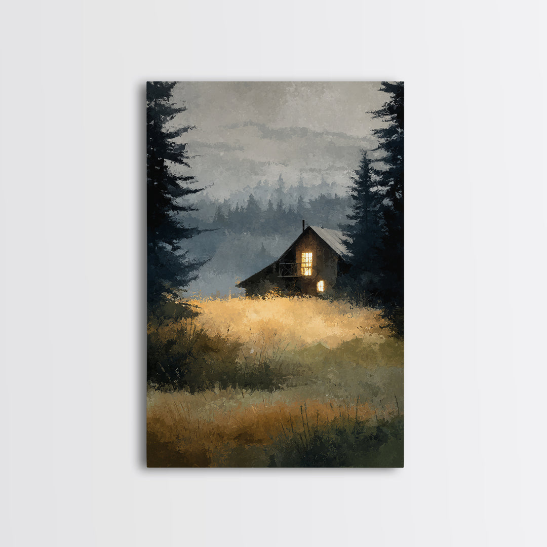 Forest Cabin Night Scene Canvas Print, Basement Art, Digital Art Download, Living Room Decor, Retreat, Steampunk Wall Art, BAS-2x3-95