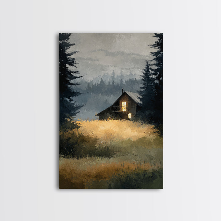 Forest Cabin Night Scene Canvas Print, Basement Art, Digital Art Download, Living Room Decor, Retreat, Steampunk Wall Art, BAS-2x3-95
