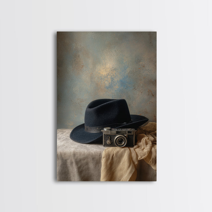 Noir Detective Hat and Camera Still Life Canvas Print, Basement Art, Digital Art Prints, Living Room Decor, Fine Art, Retreat, BAS-2x3-99