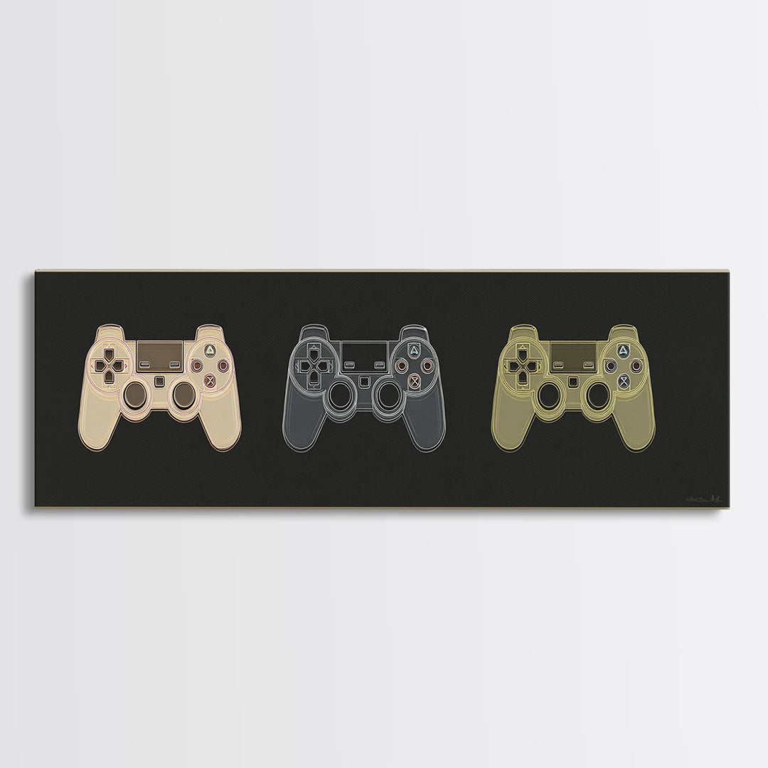 Neon Game Controller Icon on Black Background Canvas Print, Basement Art, Western Decor, Living Room Decor, Fine Art, Retreat, BAS-3x1-13