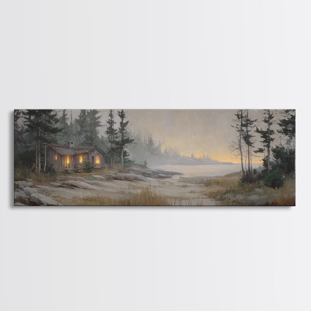 Forest Cabin Night Scene Canvas Print, Basement Art, Luxury Decor, Living Room Decor, Fine Art, Retreat, Oil Painting, BAS-3x1-31