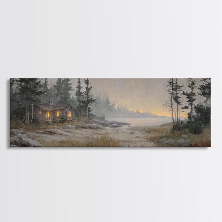 Forest Cabin Night Scene Canvas Print, Basement Art, Luxury Decor, Living Room Decor, Fine Art, Retreat, Oil Painting, BAS-3x1-31