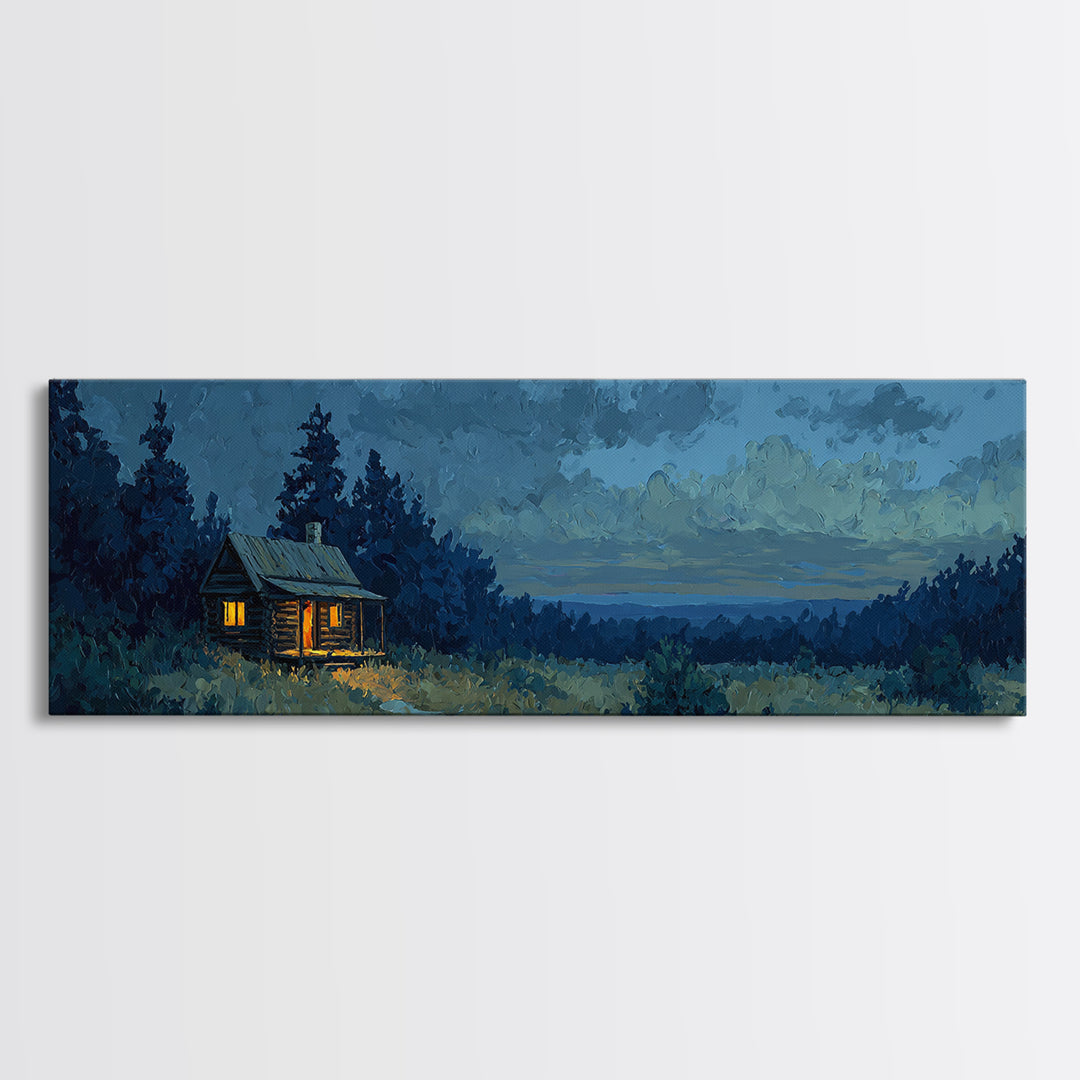 Forest Cabin Night Scene Framed Canvas Print, Basement Art, Contemporary Art, Living Room Decor, Oil Painting, Retreat, BAS-3x1-55