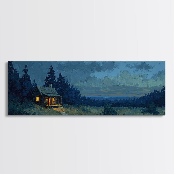 Forest Cabin Night Scene Framed Canvas Print, Basement Art, Contemporary Art, Living Room Decor, Oil Painting, Retreat, BAS-3x1-55