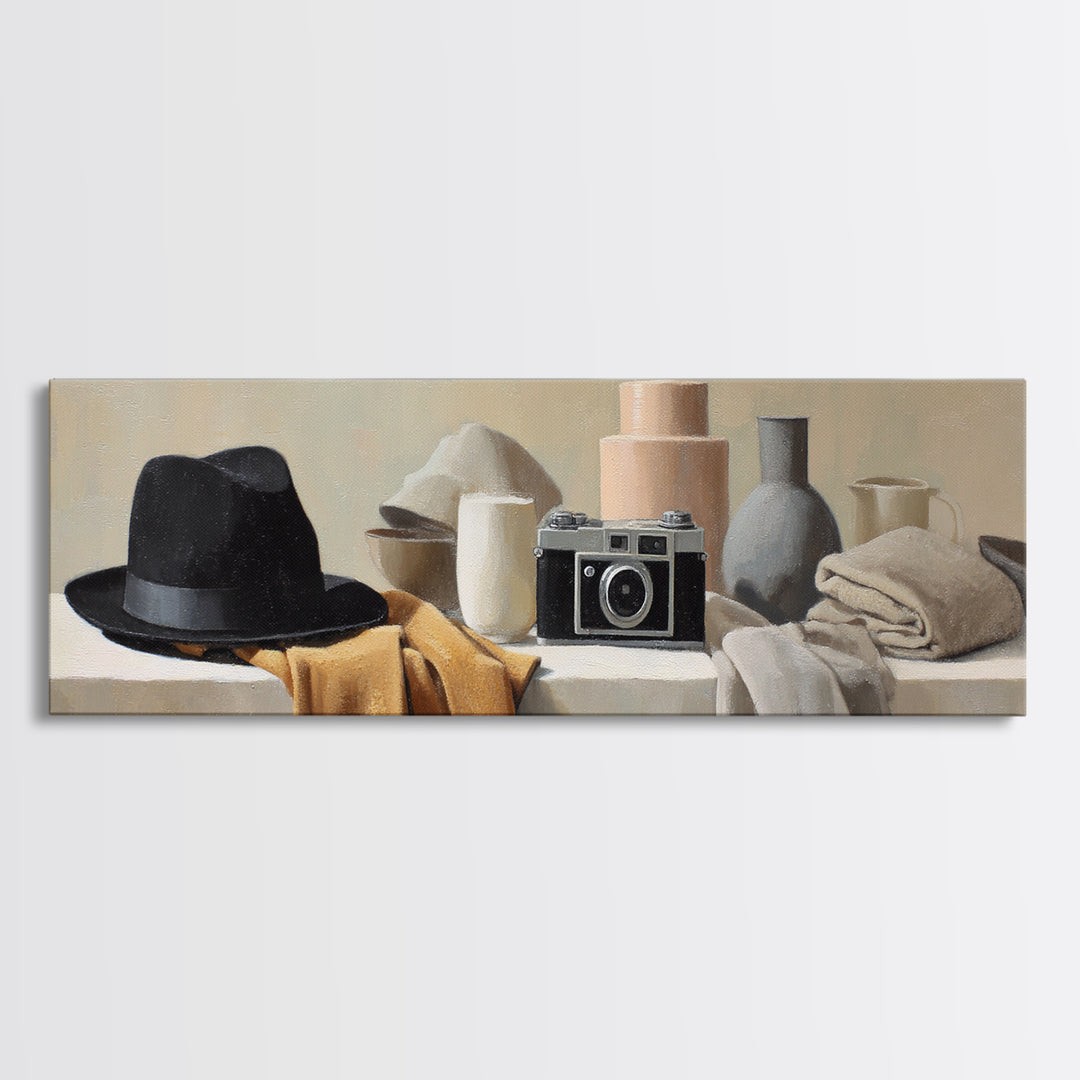Noir Detective Hat and Camera Still Life Framed Canvas Print, Basement Art, Wall Art, Living Room Decor, Fine Art, Retreat, BAS-3x1-59