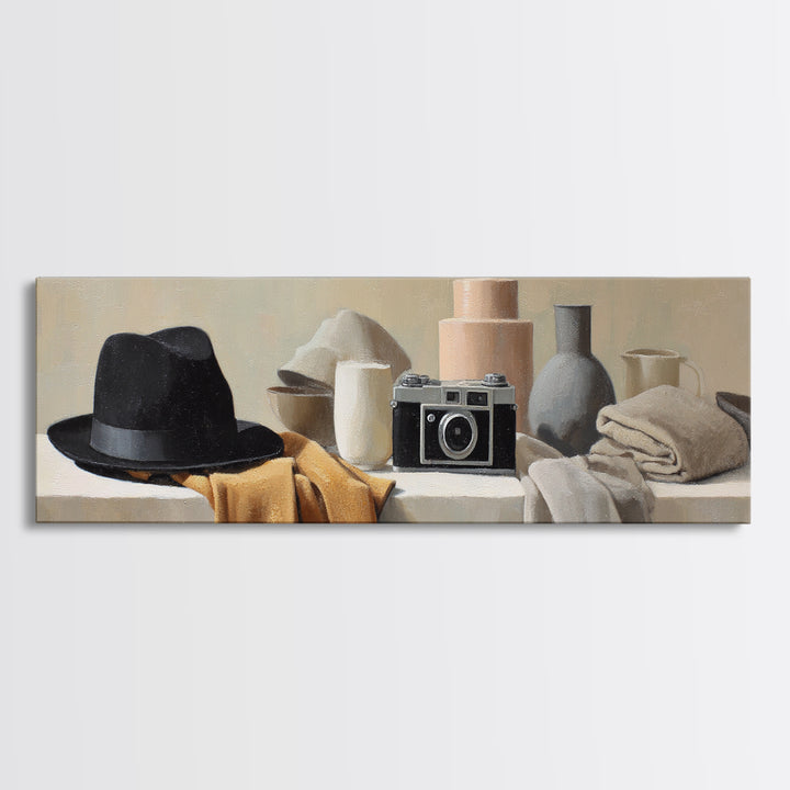 Noir Detective Hat and Camera Still Life Framed Canvas Print, Basement Art, Wall Art, Living Room Decor, Fine Art, Retreat, BAS-3x1-59