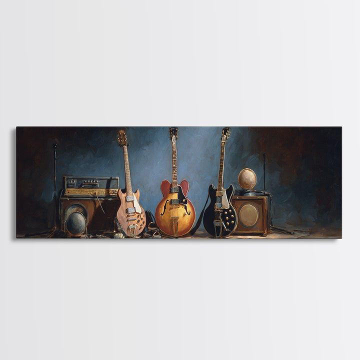 Classic Rock Guitar Still Life Framed Canvas Print, Basement Art, Cocktail Art, Living Room Decor, Fine Art, Retreat, BAS-3x1-69