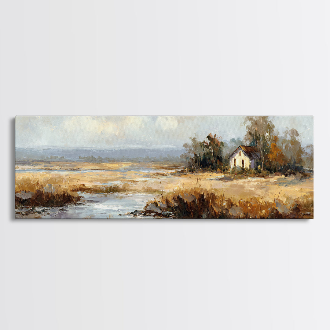 Forest Cabin Night Scene Framed Canvas Print, Basement Art, Western Decor, Living Room Decor, Retreat, Rustic Wall Art, BAS-3x1-79