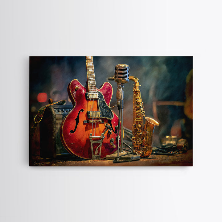 Classic Rock Guitar Still Life Canvas Print, Basement Art, Aesthetic Wall Art, Living Room Decor, Retreat, Modern Decor, BAS-3x2-33