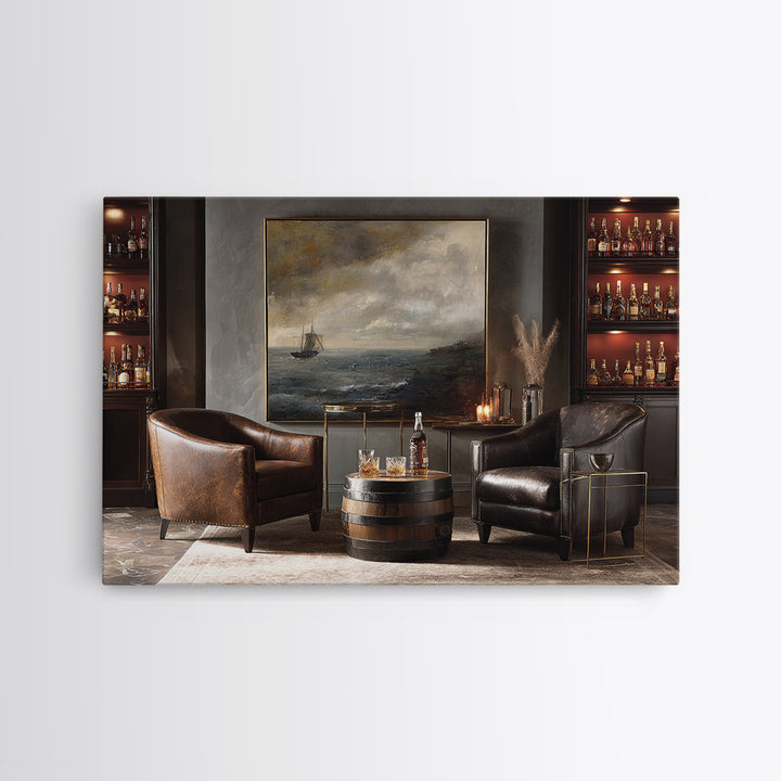 Whiskey Barrel and Leather Chair Mood Painting Framed Canvas Print, Basement Art, Man Cave Decor, Living Room Decor, Retreat, BAS-3x2-86