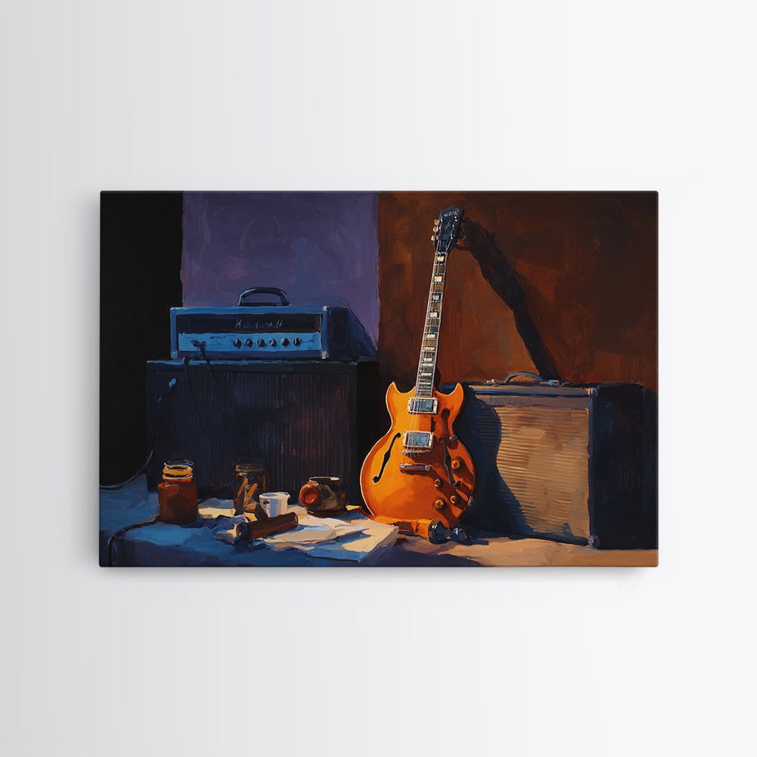 Classic Rock Guitar Still Life Framed Canvas Print, Basement Art, Custom Wall Art, Living Room Decor, Fine Art, Retreat, BAS-3x2-9