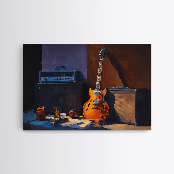 Classic Rock Guitar Still Life Framed Canvas Print, Basement Art, Custom Wall Art, Living Room Decor, Fine Art, Retreat, BAS-3x2-9