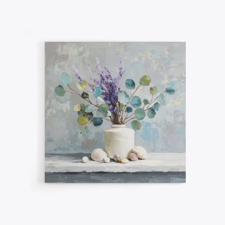 Lavender Sprigs in a Ceramic Vase Framed Canvas Print, Bathroom Art, Digital Art, Bathroom Decor, Fine Art, Spa, Dopamine Decor, BAT-1x1-12