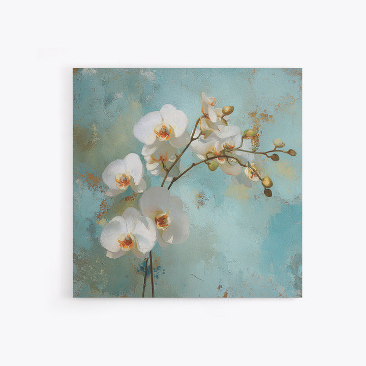 White Orchid on Warm Stone Background Framed Canvas Print, Bathroom Art, Bathroom Decor, Oil Painting, Spa, Modern Wall Art, BAT-1x1-28