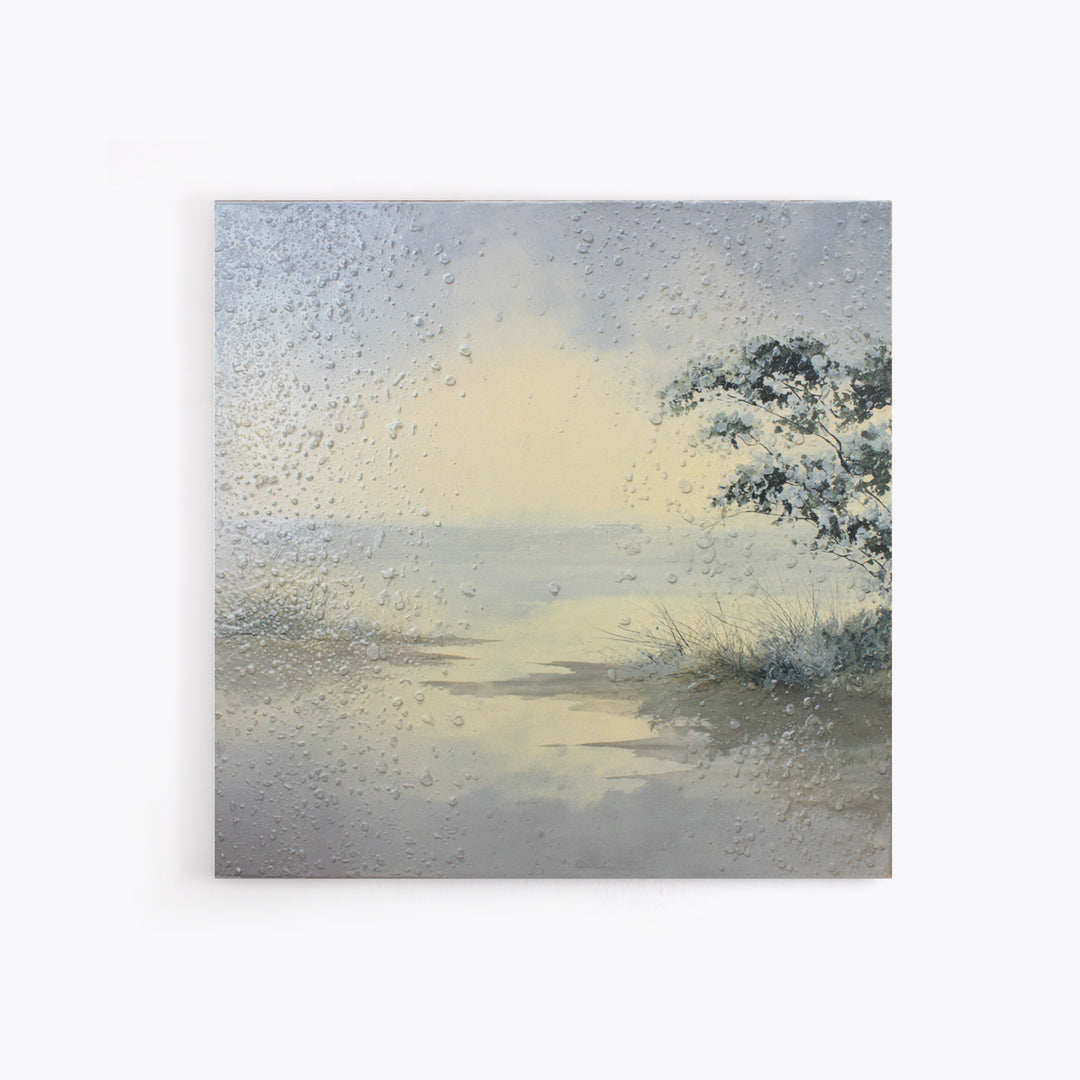 Misty Lake Scene Framed Canvas Print, Bathroom Art, Trendy Wall Art, Bathroom Decor, Fine Art, Spa, Textured Painting, BAT-1x1-57