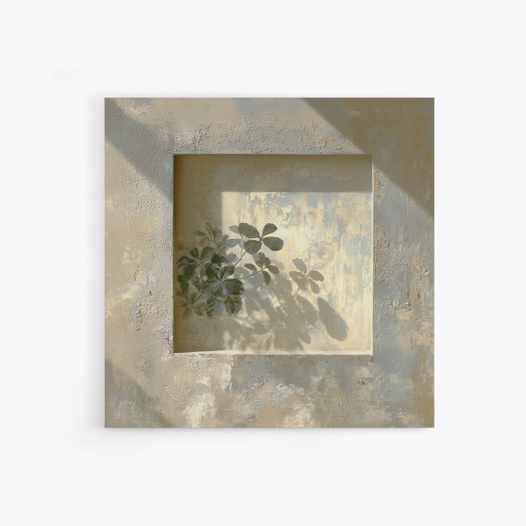 Sunlit Window Plant Shadow on Plaster Framed Canvas Print, Bathroom Art, Unique Wall Art, Bathroom Decor, Abstract Art, Spa, BAT-1x1-66