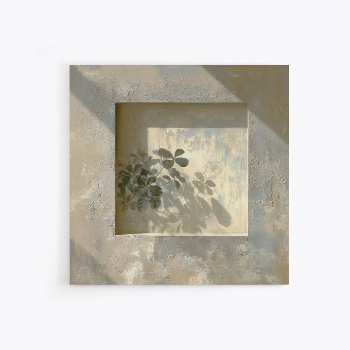 Sunlit Window Plant Shadow on Plaster Framed Canvas Print, Bathroom Art, Unique Wall Art, Bathroom Decor, Abstract Art, Spa, BAT-1x1-66