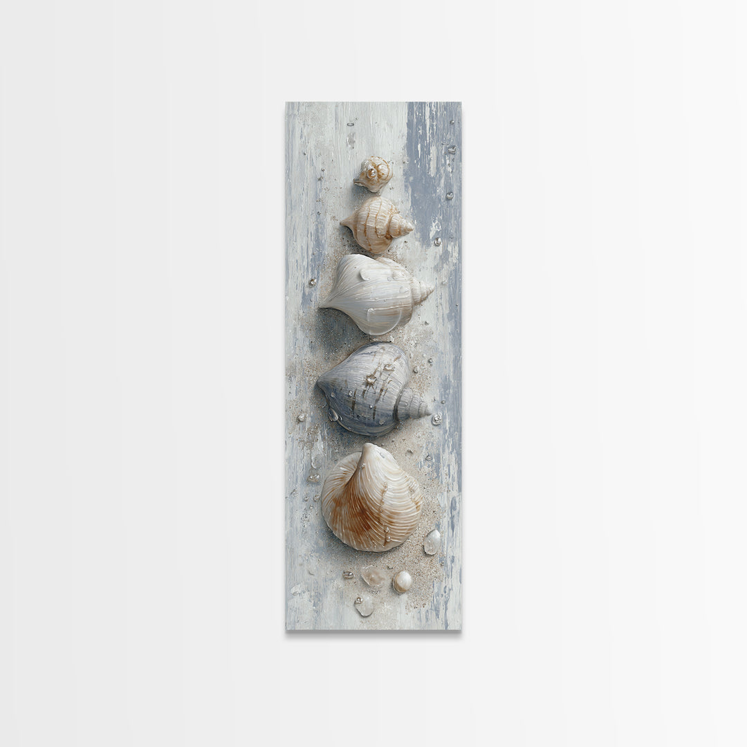 Minimal Seashell Still Life on Pale Sand Framed Canvas Print, Bathroom Art, Statement Artwork, Bathroom Decor, Abstract Art, BAT-1x3-15