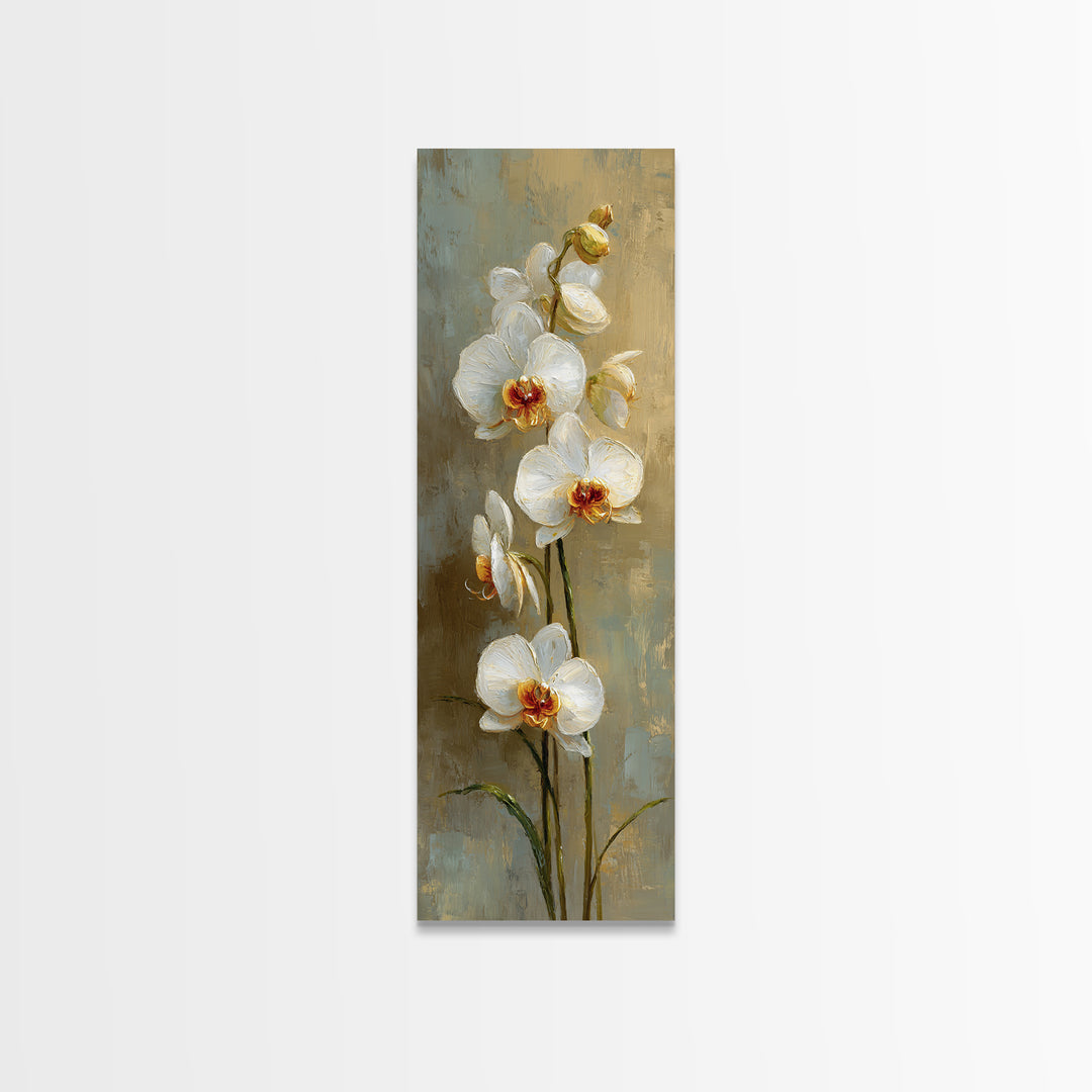 White Orchid on Warm Stone Background Framed Canvas Print, Bathroom Art, Home Decor, Bathroom Decor, Spa, Canvas Wall Art, BAT-1x3-64