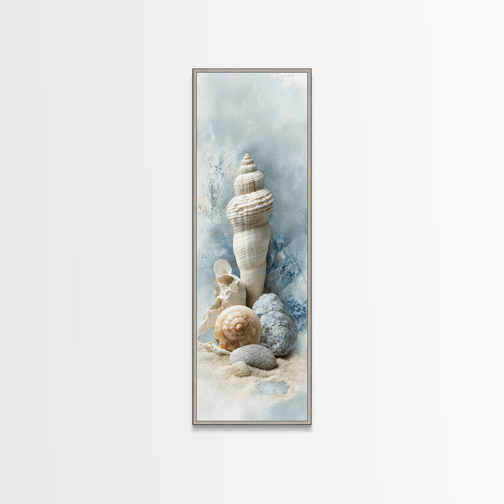 Minimal Seashell Still Life on Pale Sand Framed Canvas Print, Bathroom Art, Canvas Wall Art, Bathroom Decor, Fine Art, Spa, BAT-1x3-87