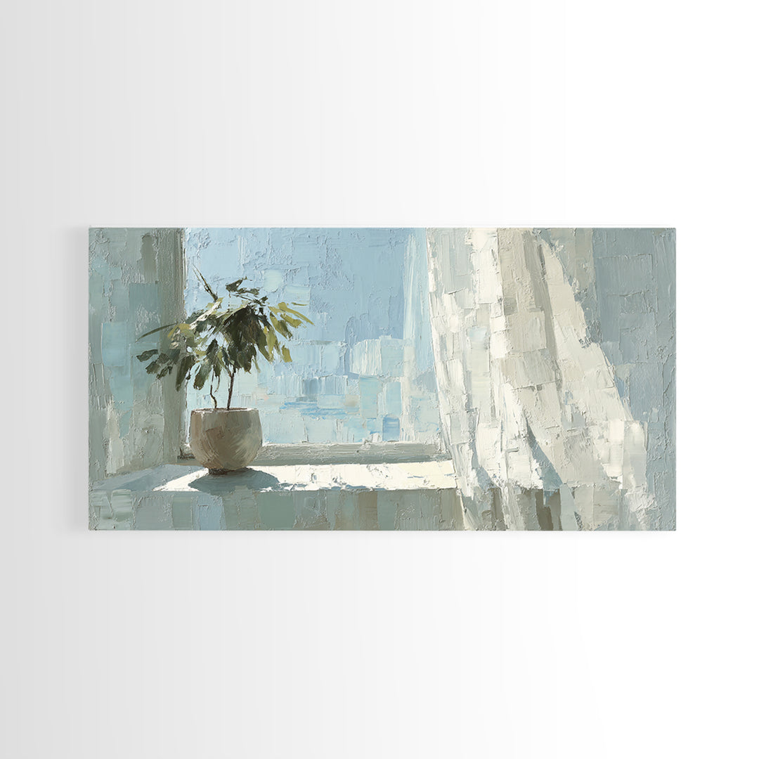 Sunlit Window Plant Shadow on Plaster Framed Canvas Print, Bathroom Art, Bathroom Print, Bathroom Decor, Watercolor Art, Spa, BAT-2x1-14
