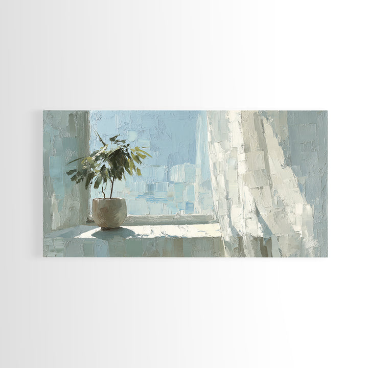 Sunlit Window Plant Shadow on Plaster Framed Canvas Print, Bathroom Art, Bathroom Print, Bathroom Decor, Watercolor Art, Spa, BAT-2x1-14