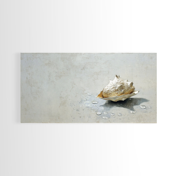 Minimal Seashell Still Life on Pale Sand Framed Canvas Print, Bathroom Art, Digital Art, Bathroom Decor, Watercolor Art, Spa, BAT-2x1-23