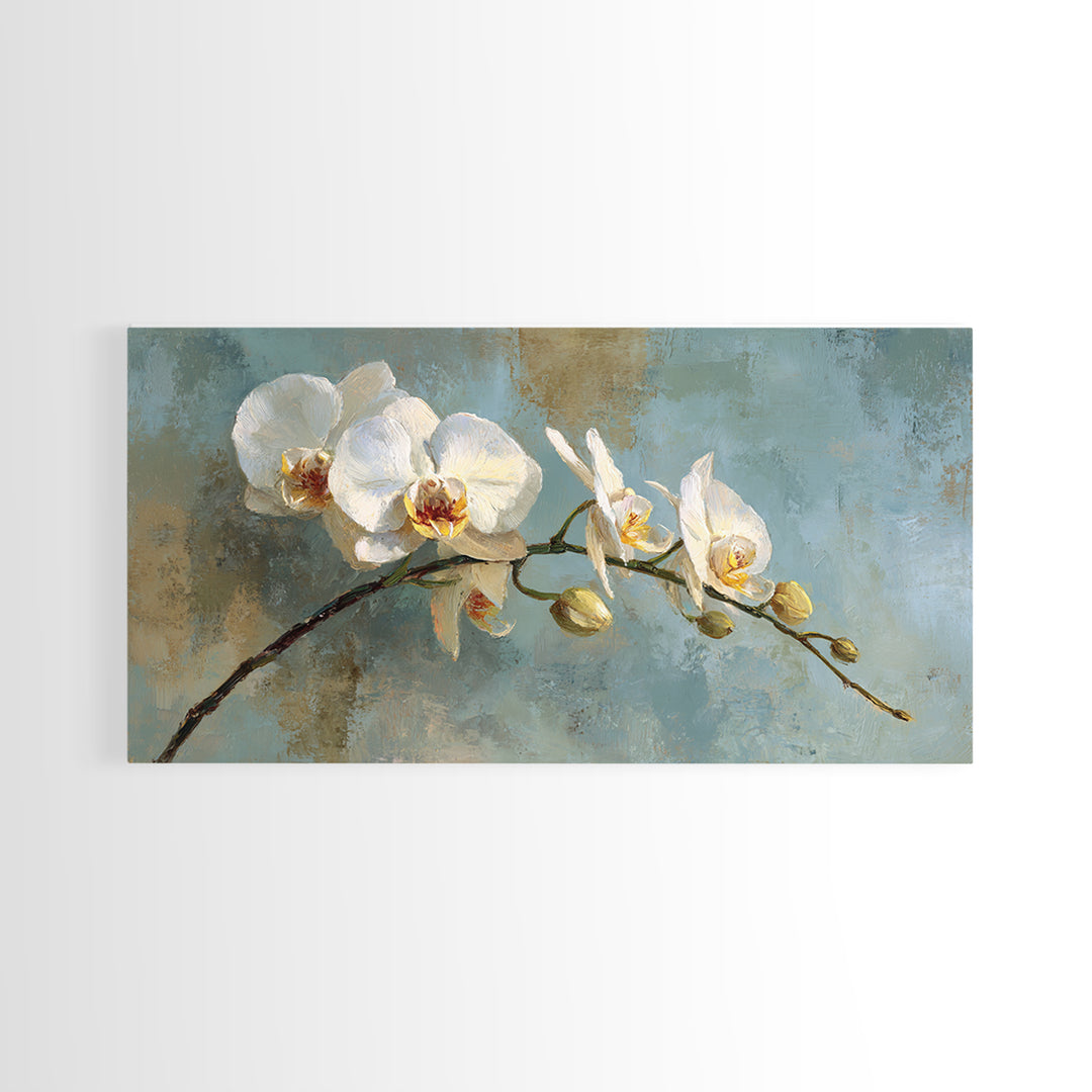 White Orchid on Warm Stone Background Framed Canvas Print, Bathroom Art, Textured Painting, Bathroom Decor, Fine Art, Spa, BAT-2x1-24