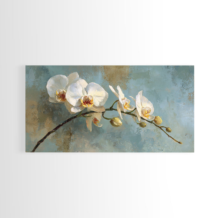 White Orchid on Warm Stone Background Framed Canvas Print, Bathroom Art, Textured Painting, Bathroom Decor, Fine Art, Spa, BAT-2x1-24