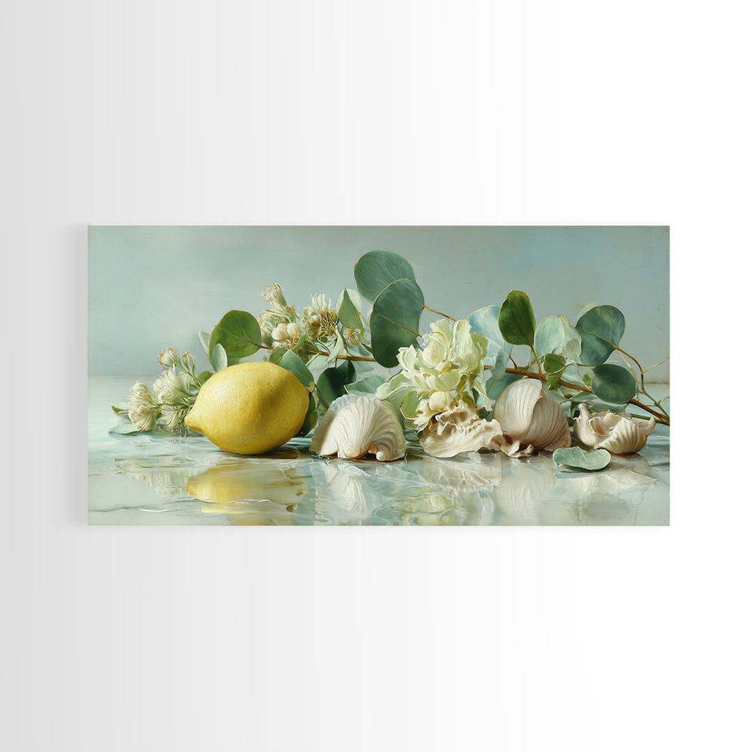 Lemon and Botanical Still Life Canvas Print, Bathroom Art, Neutral Decor, Bathroom Decor, Fine Art, Spa, Wall Art, Home Decor, BAT-2x1-26
