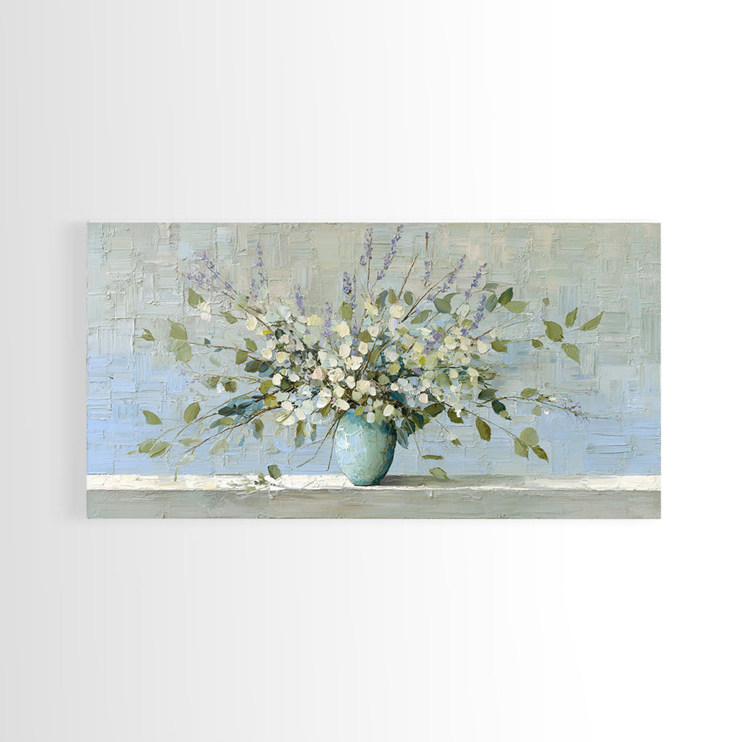 Lavender Sprigs in a Ceramic Vase Canvas Print, Bathroom Art, Minimalist Decor, Bathroom Decor, Oil Painting, Spa, Wall Hanging, BAT-2x1-32