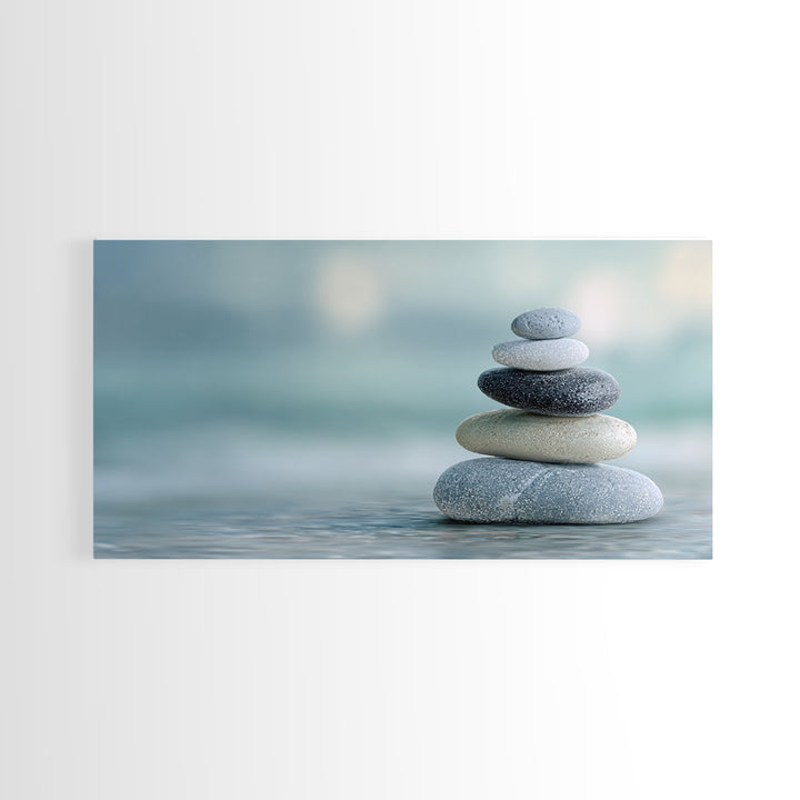 Monochrome Pebble Stack Framed Canvas Print, Bathroom Art, Statement Artwork, Bathroom Decor, Fine Art, Spa, Digital Art, BAT-2x1-33