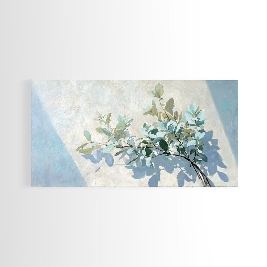 Sunlit Window Plant Shadow on Plaster Framed Canvas Print, Bathroom Art, Bathroom Print, Bathroom Decor, Watercolor Art, Spa, BAT-2x1-38