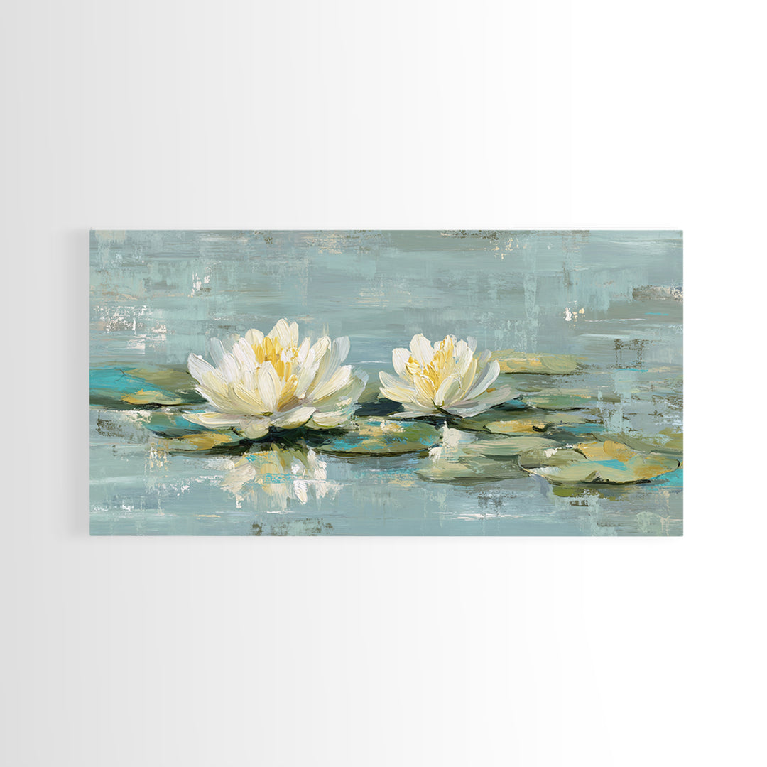 Lotus Flower Floating on Calm Water Framed Canvas Print, Bathroom Art, Wall Art, Bathroom Decor, Fine Art, Spa, Dog Portrait, BAT-2x1-40