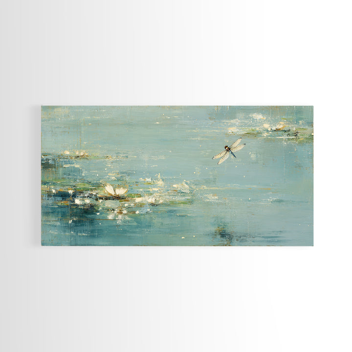Delicate Dragonfly Above a Pond Surface Canvas Print, Bathroom Art, Room Decor, Bathroom Decor, Spa, Custom Pet Portrait, BAT-2x1-44