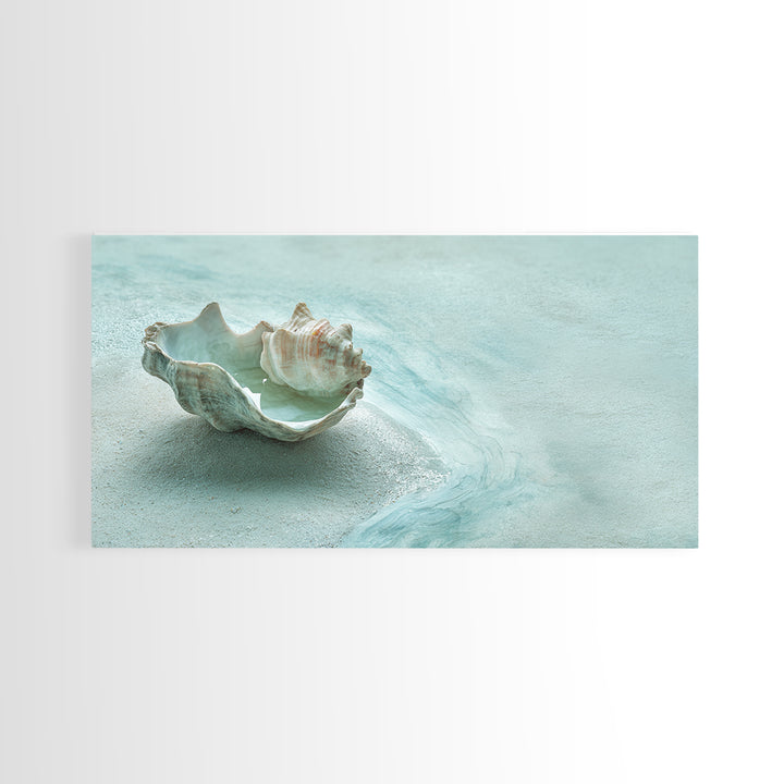 Minimal Seashell Still Life on Pale Sand Canvas Print, Bathroom Art, Bathroom Wall Art, Bathroom Decor, Oil Painting, Spa, BAT-2x1-47