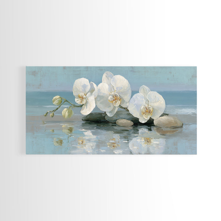 White Orchid on Warm Stone Background Canvas Print, Bathroom Art, Poster, Bathroom Decor, Fine Art, Spa, Digital Print, BAT-2x1-48