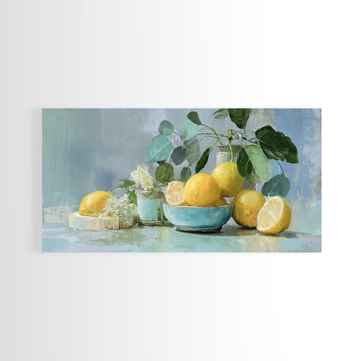 Lemon and Botanical Still Life Framed Canvas Print, Bathroom Art, Luxury Decor, Bathroom Decor, Oil Painting, Spa, BAT-2x1-50