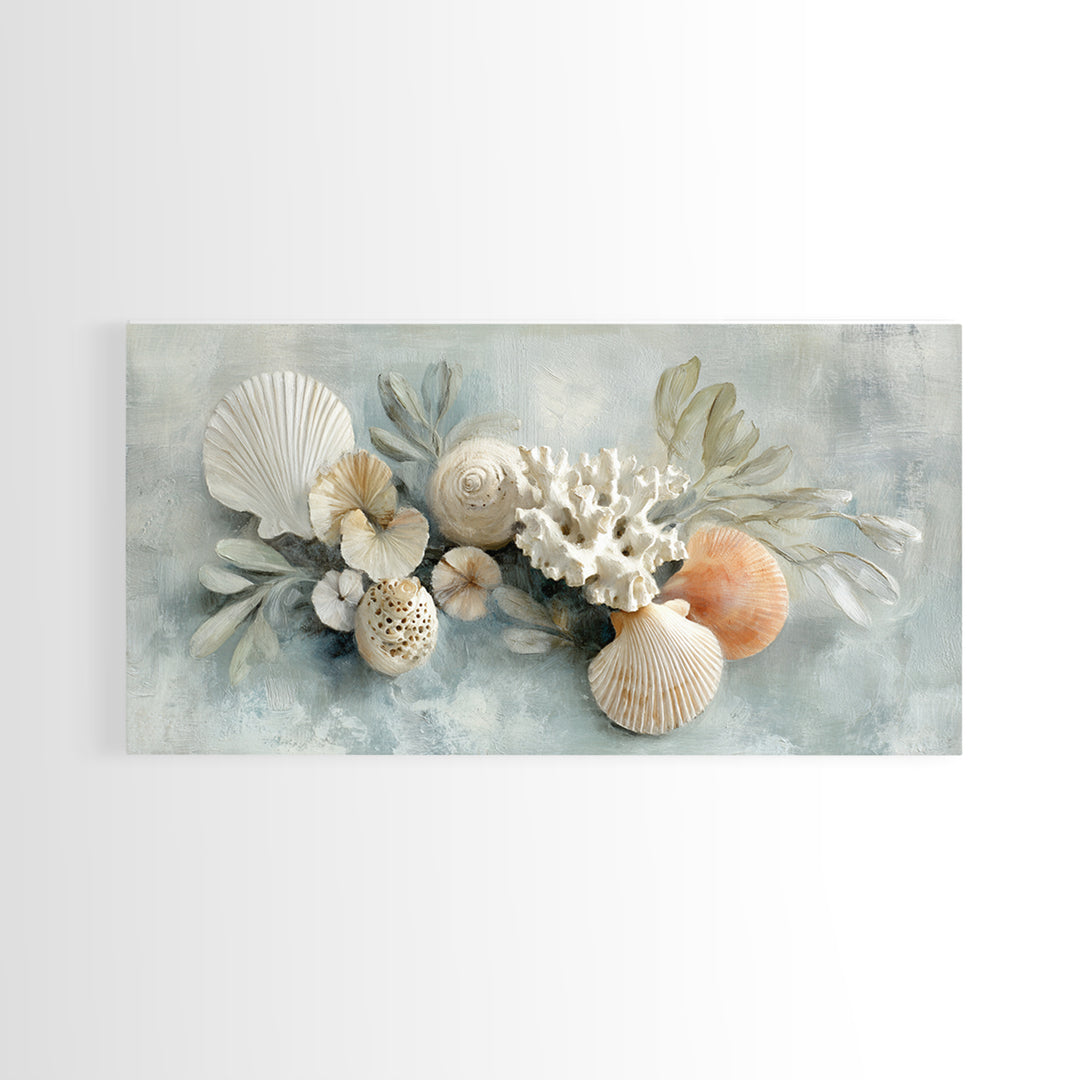 Coral and Shell Arrangement Framed Canvas Print, Bathroom Art, Wall Hanging, Bathroom Decor, Fine Art, Spa, Modern Art, BAT-2x1-55